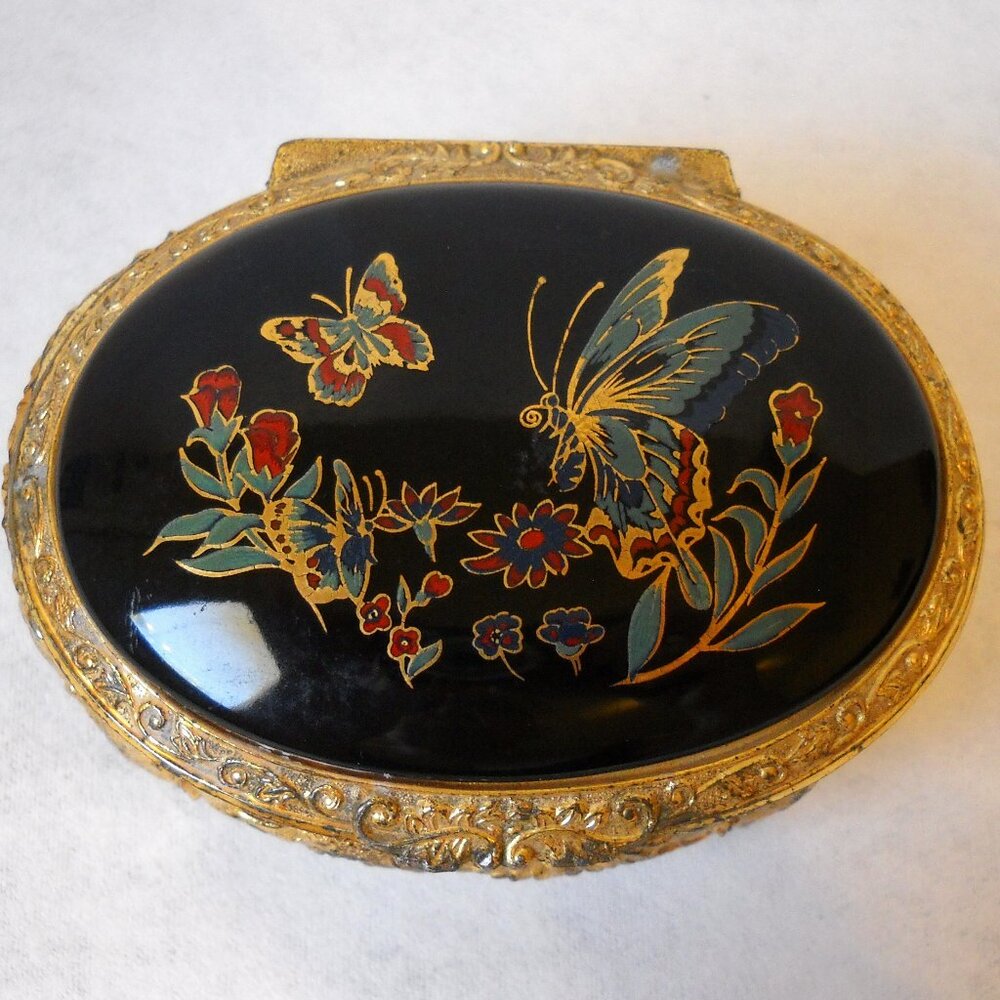 Butterfly Vintage Trinket Jewelry Box Black Painted Floral Gold Metal Footed